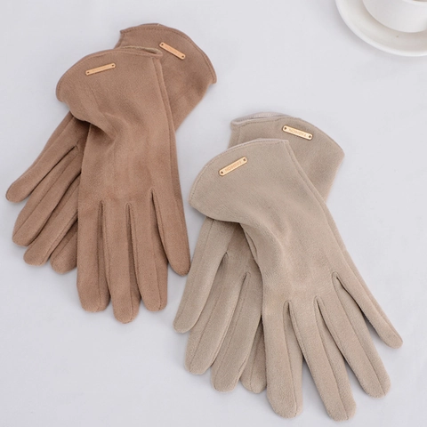 Gants En Daim D'Hiver Pour Femmes Doublés En Polaire Chauds Écran Tactile Coupe-Vent Conduite Extérieure Mode Décor En Métal Minimaliste
