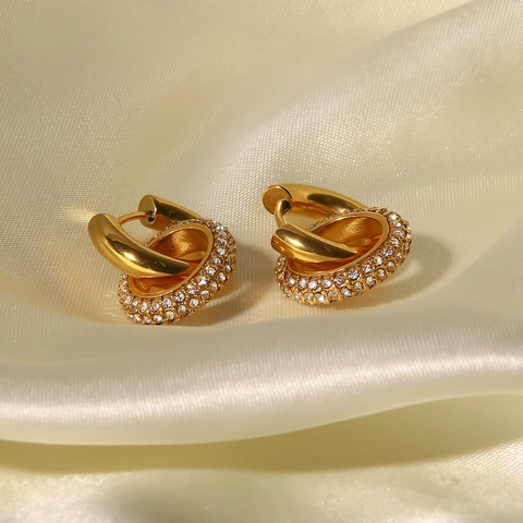 Boucles d'Oreilles Doubles Cercles Entrelacés en Acier Inoxydable pour Femme Plaqué Or avec Strass Bijoux de Mode