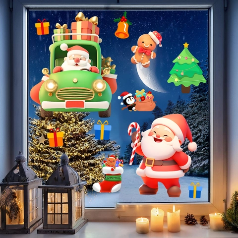 Christmas Window Stickers PVC Static Cling Santa Claus Tree Snowman For Home Glass Decoration Waterproof Removable Decals