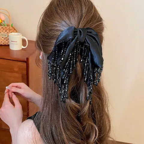 Elegant Satin Bowknot Hair Claw Clip With Beaded Tassels Retro Large Fabric Shark Clip For Women Hair Accessories