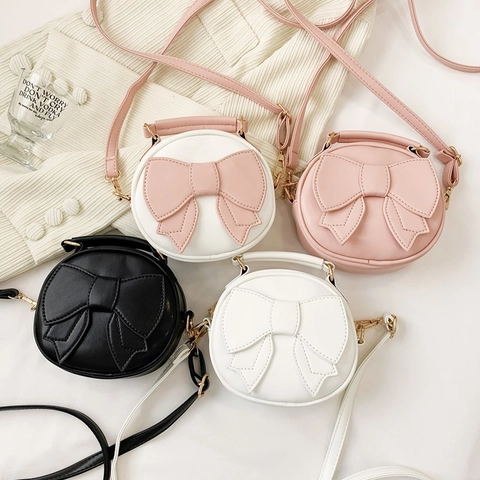 Petit Sac Bandoulière Rond En Cuir PU Avec Nœud Décoratif Pour Enfants Mode Mignon Sac À Main Pour Filles