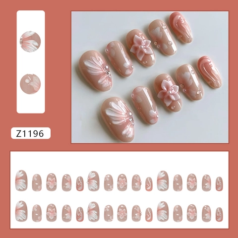 3D Lilie Blume Künstliche Perle Verlauf Nude Rosa Drucknägel Glänzend Handgefertigter Stil Künstliche Falsche Nägel