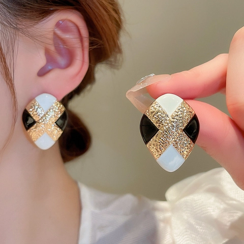 Orecchini A Lobo Geometrici Rombo Stile Francese Vintage Lega Smalto Con Perno In Argento Colore A Contrasto Donna