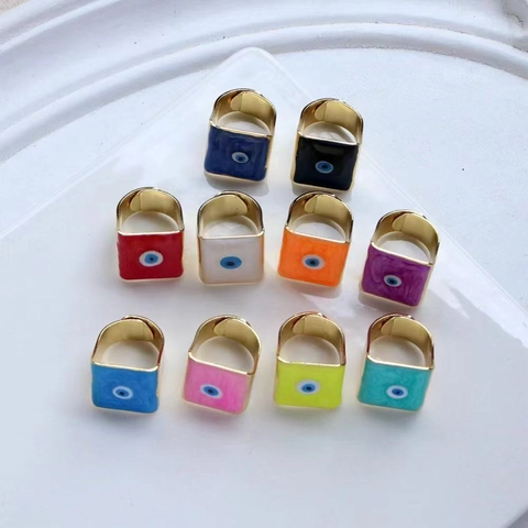Geometric Square Evil Eye Ring Copper 18K Gold Plated Enamel Drip Oil Adjustable Bohemian Vintage Jewelry Unisex