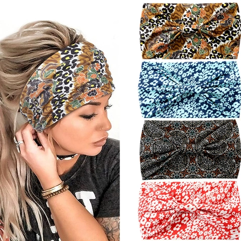 Bohemian Bedrukte Brede Hoofdband Voor Dames Elastische Geknoopte Haarband Voor Yoga Sport Casual Stof