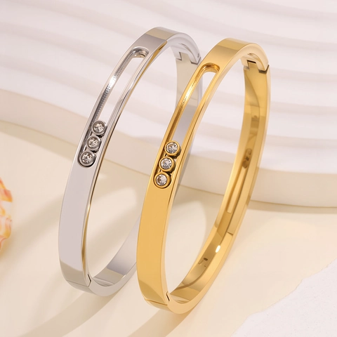 Sliding Cubic Zirconia Bangle For Women Titanium Steel Minimalist Hollow Track Bracelet Niche Design Light Luxury Jewelry