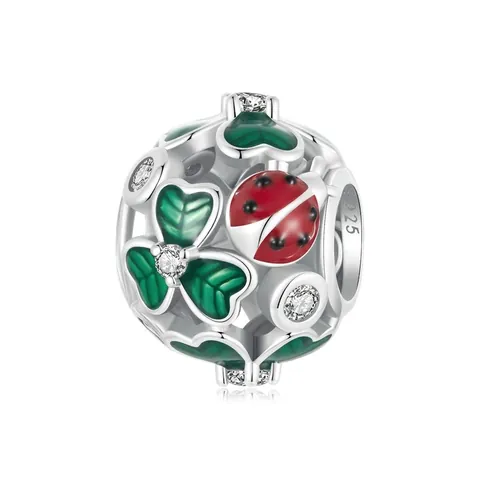Cuenta de Amuleto Trébol de Cuatro Hojas de la Suerte de Plata de Ley 925 Esmalte Verde Mariquita Circonia Cuenta Hueca para Pulsera DIY Joyería Mujer Regalo
