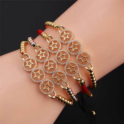 Adjustable Star Charm Bracelet Copper Gold Plated With Zirconia Hollow Round Pendant Handmade Braided Rope Jewelry Women