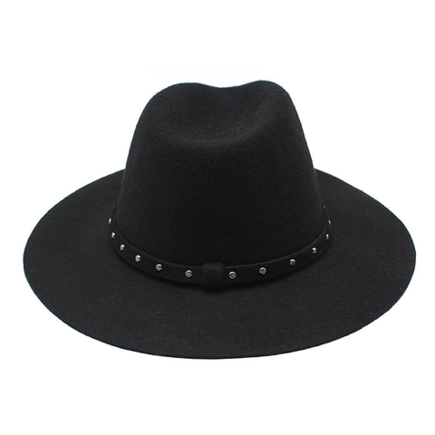 Vintage Wool Fedora Hat Wide Brim Flat Silver Studded Band British Style Jazz Cap For Men Women