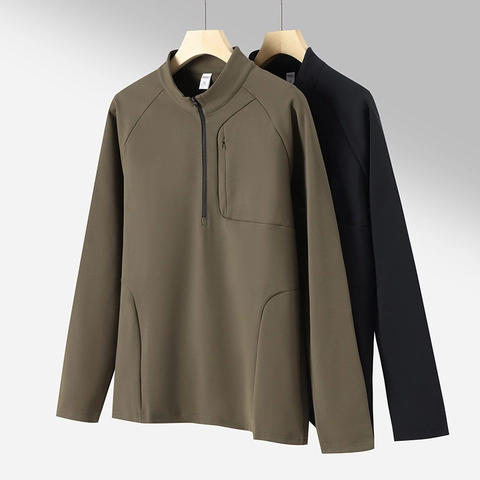 Sweat-Shirt Pour Hommes À Demi-Zip Col Montant Manches Longues Pullover De Plein Air Avec Poche Poitrine Élastique À Séchage Rapide