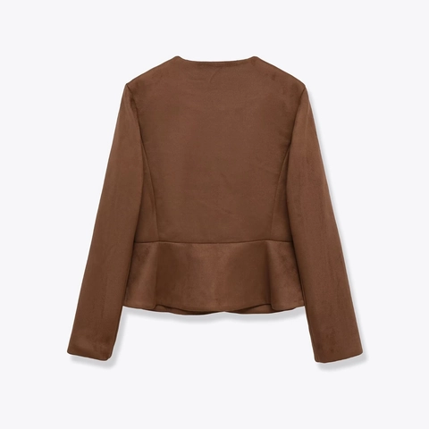 Women Faux Suede Jacket Round Neck Long Sleeve Single Breasted Peplum Hem Solid Color Casual Vintage Streetwear Brown