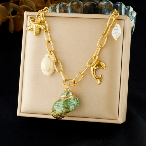 Collar De Pendiente Playa Océano Acero Inoxidable Chapado En Oro Concha Natural Caracola Estrella De Mar Delfín Joyería