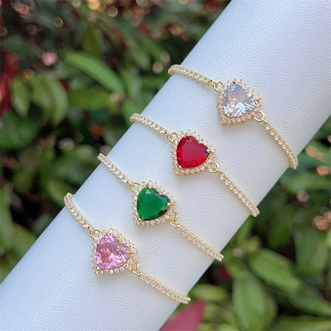 Elegante Bracciale con Zirconia a Cuore per Donna Rame Placcato Oro 18K Bracciale con Gemma a Forma di Cuore Colorato Gioielli
