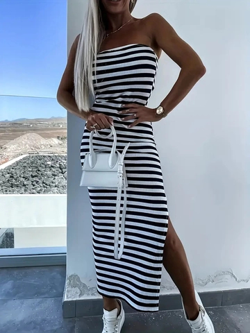Women Striped Bandeau Midi Dress Knitted Slim Fit Side Split Sexy Bodycon Summer Beach Vacation Strapless Tube Dress