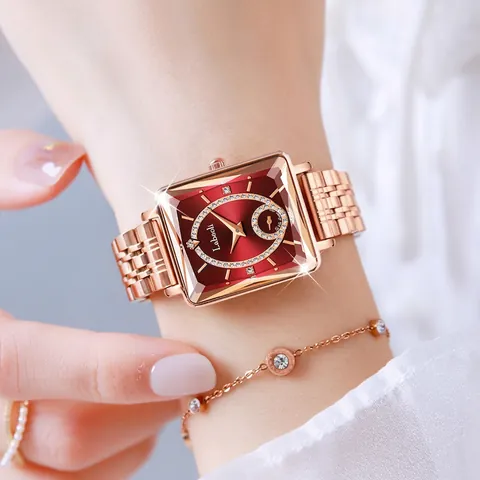 Lussuoso Orologio al Quarzo Quadrato da Donna Oro Rosa Cinturino in Acciaio Inossidabile Quadrante con Strass Impermeabile Elegante Gioielli