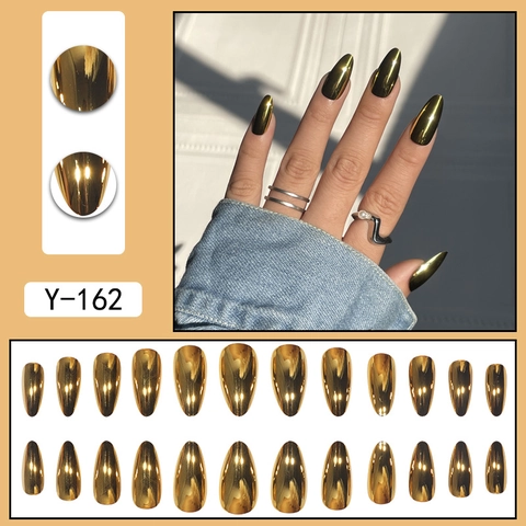 Press On Nägel Mandel Chrom Metallic Spiegel Gold Galvanisierte Künstliche Fingernägel Glänzend Lang Vollabdeckung Maniküre