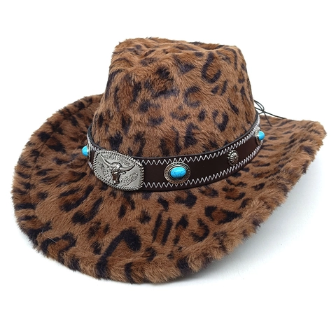 Cappello Da Cowboy Leopardato Ecopelliccia Stile Occidentale Con Fascia In Pelle Testa Di Toro Turchese Unisex