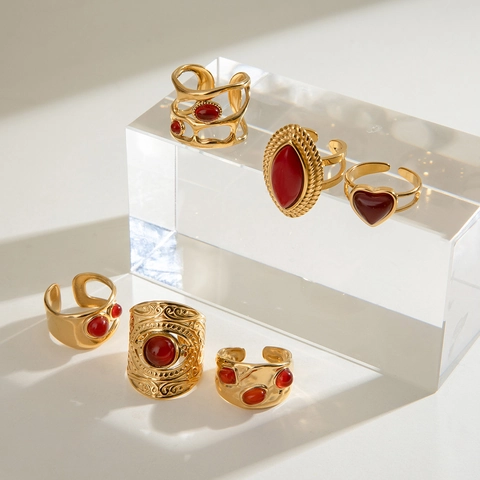 Anello Aperto in Acciaio Inossidabile con Agata Vintage per Donna Placcato Oro Agata Rossa Geometrica Gioielli Regolabili