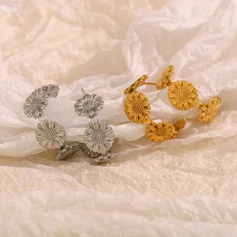 Daisy Sunflower C-Shaped Hoop Earrings Stainless Steel 18K Gold Plated Fashion Jewelry For Women