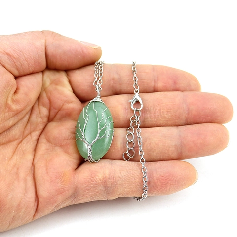 Tree Of Life Anhänger Halskette Handgefertigter Draht Umwickelt Naturstein Oval Heilstein Vintage Schmuck Für Damen