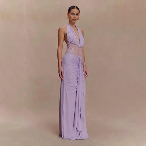 Sexy Halter V-Hals Maxi Jurk Open Rug Kant Patchwork Geplooid Elegant Avondfeest Jurk Voor Dames