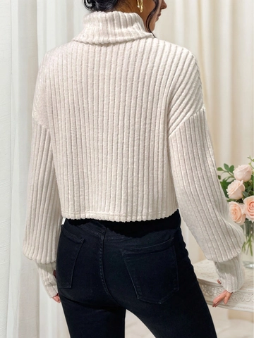 Jersey De Punto Acanalado Con Cuello Alto Para Mujer Manga Larga Corte Corto Ajustado Color Sólido Top Elegante