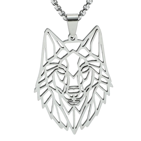 Wolf Head Pendant Necklace Stainless Steel Geometric Hollow Design Gothic Punk Style Jewelry For Men