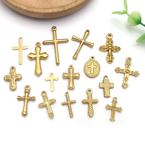 Stainless Steel Real Gold Plated Cross Pendants Religious DIY Jewelry Making Charms Findings Accessories For Necklace