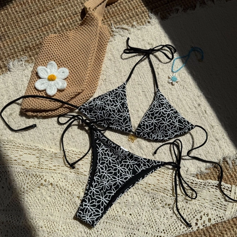 Women Sexy Daisy Floral Embroidery Bikini Top And Bottom Halter Neck Swimsuit Beach Vacation Swimwear Triangle Side Tie
