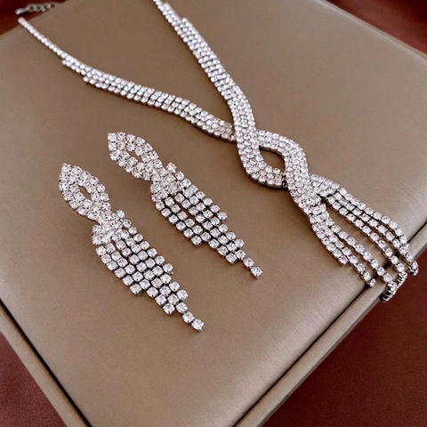 Collana E Orecchini In Lega Con Strass Incrocio Geometrico Frangia Nappa Luccicante Elegante Matrimonio Per Donne Accessorio Di Lusso