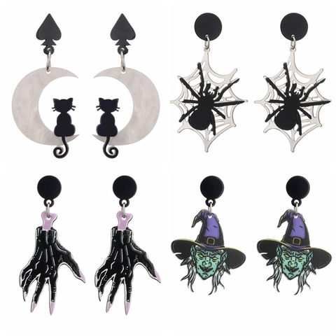Halloween Acrylic Drop Earrings Spider Web Black Cat Witch Ghost Skull Gothic Novelty Jewelry For Women