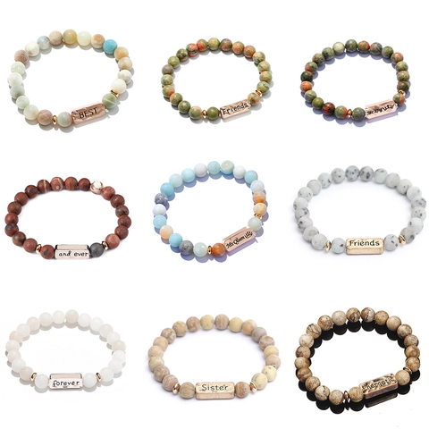 Natural Lava Stone Beaded Bracelet Alloy Engraved Tag Best Friend Couple Friendship Elastic Bracelet Jewelry Gift Women Men