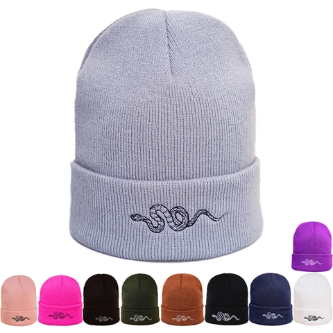 Snake Embroidery Knitted Beanie Acrylic Warm Winter Hat Casual Style For Men Women