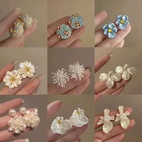 Retro Palast Stil Blumen Ohrringe Legierung Emaille Strass Muschel Künstliche Perlen Für Damen Mit 925 Sterling Silber Ohrstecker