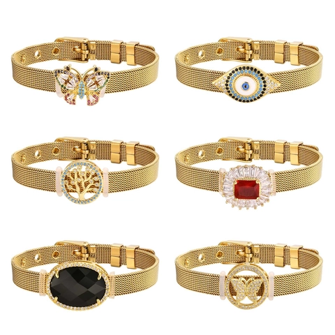 Dames Roestvrij Staal Verguld Mesh Band Armband Vlinder Levensboom Boze Oog Strass Verstelbaar Mode Sieraden