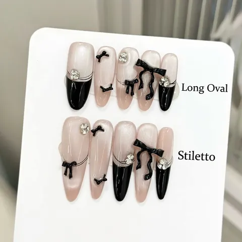 Aufklebbare Nägel Handgefertigt Katzenauge Mit Schleife Strass Französischer Stil Elegante Kunstnägel Für Frauen