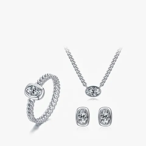 Joyas De Plata De Ley 925 Circonita Ovalada Collar Anillo Y Pendientes Elegante Estilo Minimalista Para Mujer