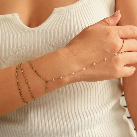 Edelstahl Künstliche Perle Hand Harness Ring Armband Für Damen Mehrlagig Vergoldet Fingerverbundene Kette Schmuck
