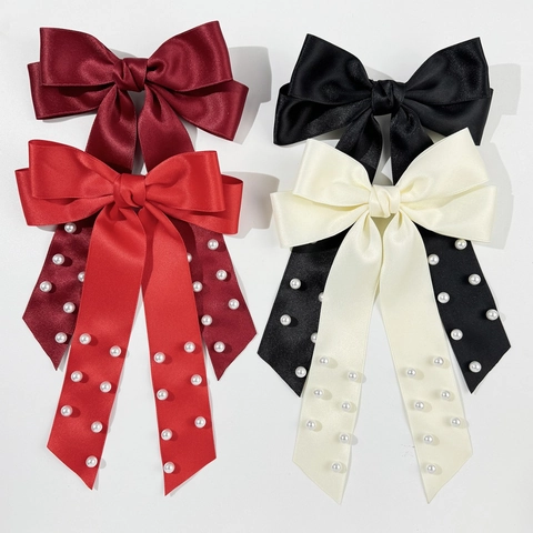 Satin Bow Hair Clip With Long Ribbons And Artificial Pearls Elegant Ribbon Bowknot Spring Barrette Hairpin Accessory For Women