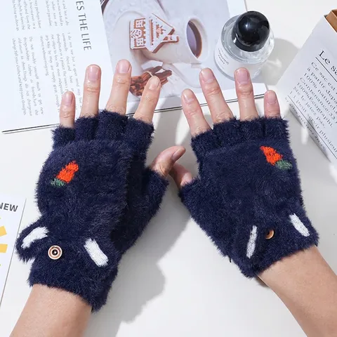 Winterwarme Pluche Handschoenen Convertible Flip Top Halve Vinger Want Faux Mink Bont Cartoon Dier Aardbeienpatroon Voor Vrouwen
