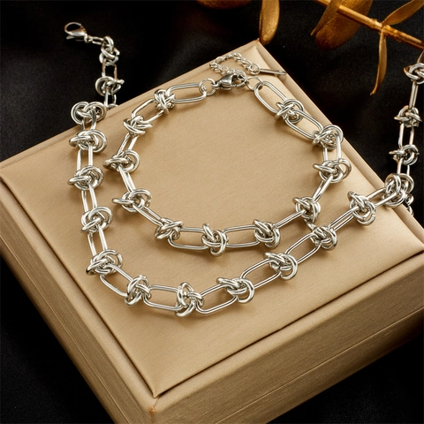 Knotted Chain Necklace And Bracelet Jewelry Set Stainless Steel 18K Gold Plated Punk Hip Hop Style For Men Women