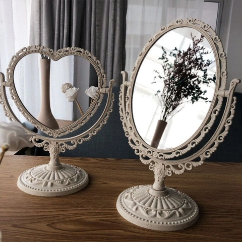 Europäischer Retro Barock Stil Schreibtisch Schminkspiegel Herz Oval Drehbar Relief Kunststoffrahmen Glas Schlafzimmer