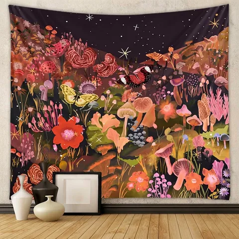 Arazzo Da Parete Foresta Di Funghi Poliestere Fantasia Farfalla Floreale Notte Stellata Psichedelico Decorazione Boho