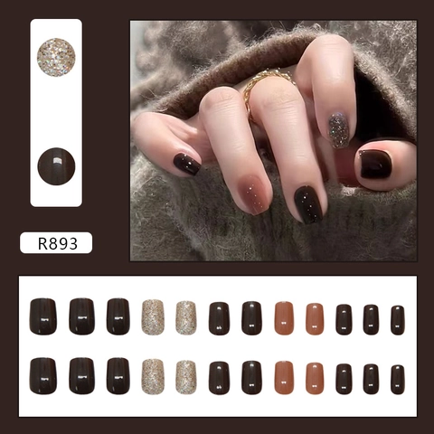 Press On Nails Cortos Squoval Plástico ABS Brillante Marrón Dulce Purpurina Plateada Puntas De Uñas Postizas Para Mujeres