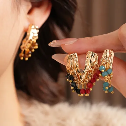 Irregular Wrinkled Alloy Tassel Earrings With Silver Earring Post Vintage Style Tiger Eye Turquoise Bead Jewelry For Women