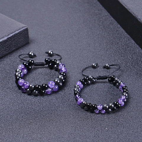 Double Layer Natural Stone Beaded Bracelet Adjustable Handmade Braided Cord Amethyst Hematite Tiger Eye Energy Jewelry Unisex