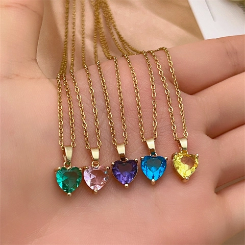Collana Con Pendente A Cuore Lega Placcata In Oro Zircone Colorato Stile Pietra Portafortuna Gioielli Di Moda Per Donna