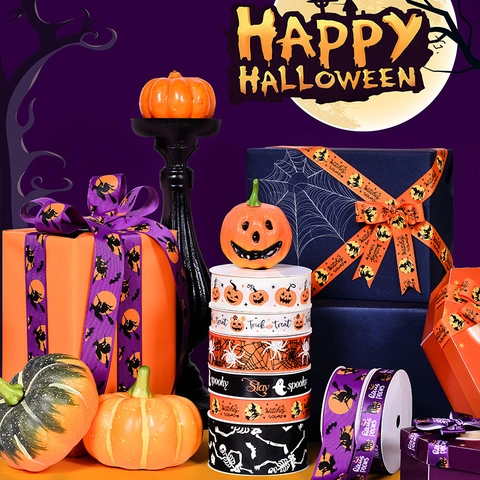Halloween Ribbon Polyester Grosgrain Printed Pumpkin Skull Ghost DIY Gift Wrapping Party Decor Spooky Craft Accessory