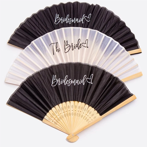 Wedding Handheld Folding Fan Bamboo Frame Satin Fabric The Bride Bridesmaid Print Bachelorette Party Prop