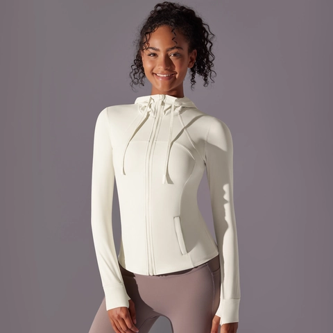 Women Hooded Sports Jacket Slim Fit Full Zip Running Yoga Top Thumbholes Quick Dry Breathable Athletic Outerwear